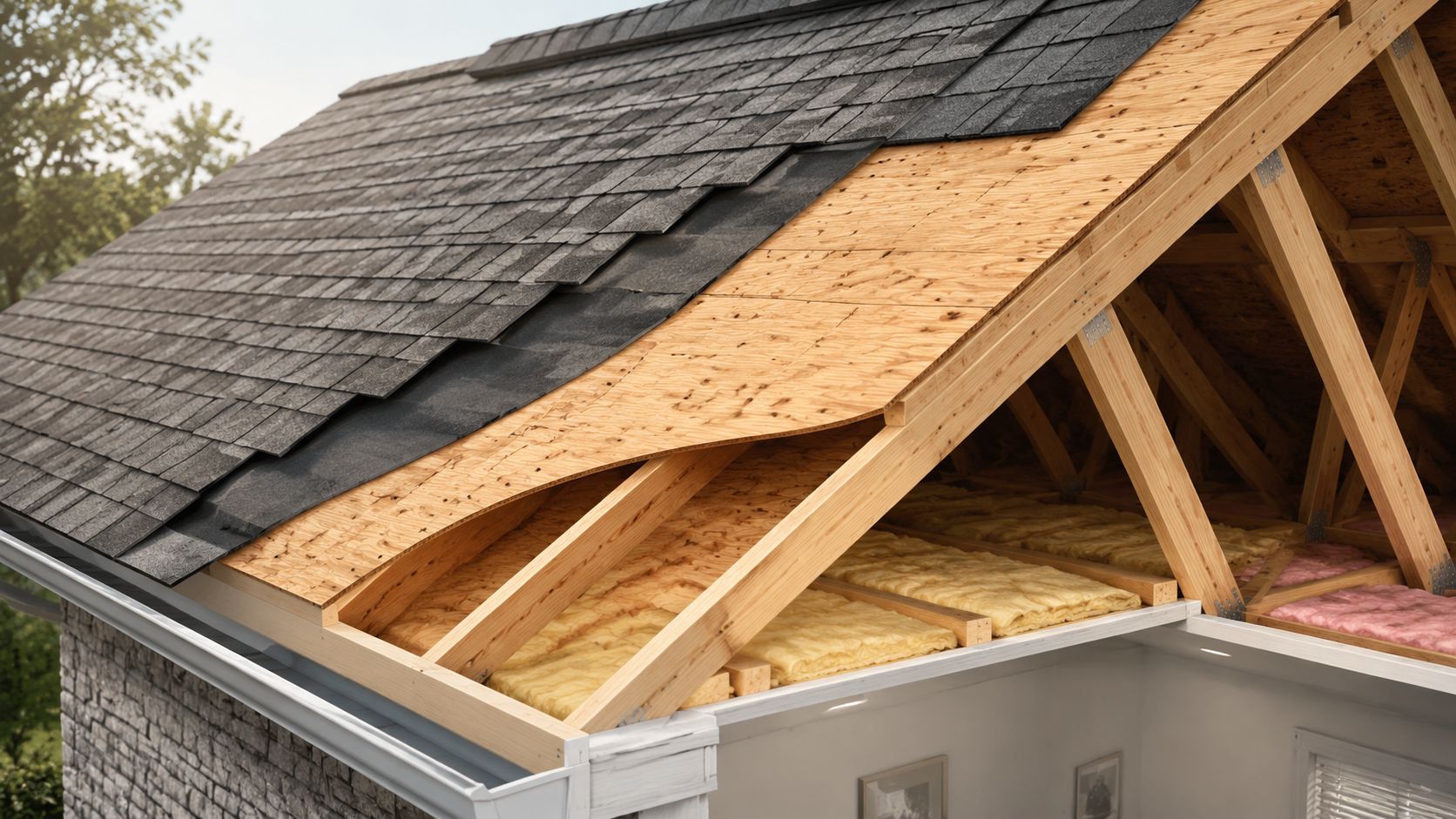 A cross-section view showing roof construction with shingles, decking, wooden trusses, and attic insulation installed.