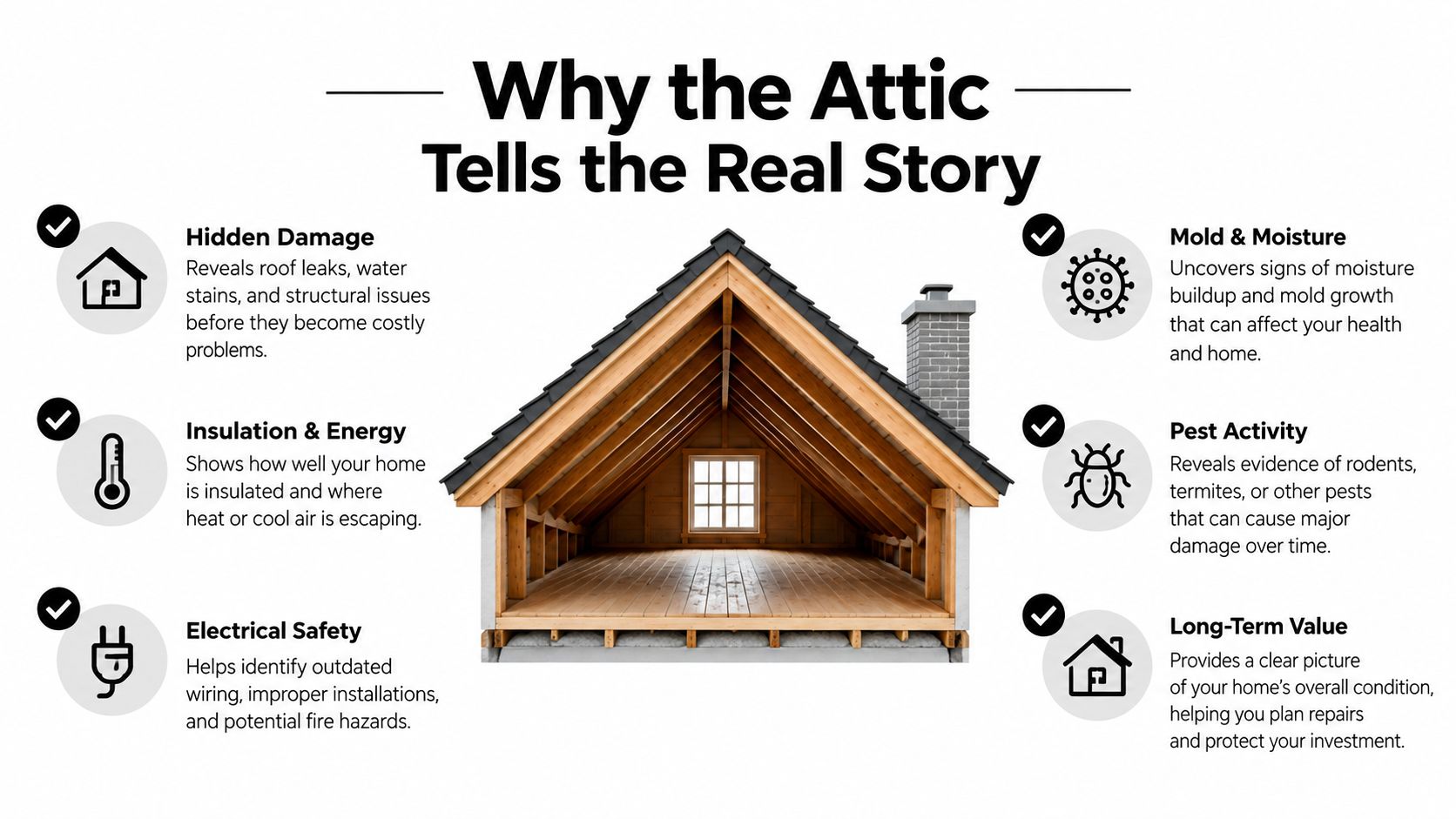 An infographic illustrating six important reasons for inspecting an attic, including hidden damage, insulation, and safety.