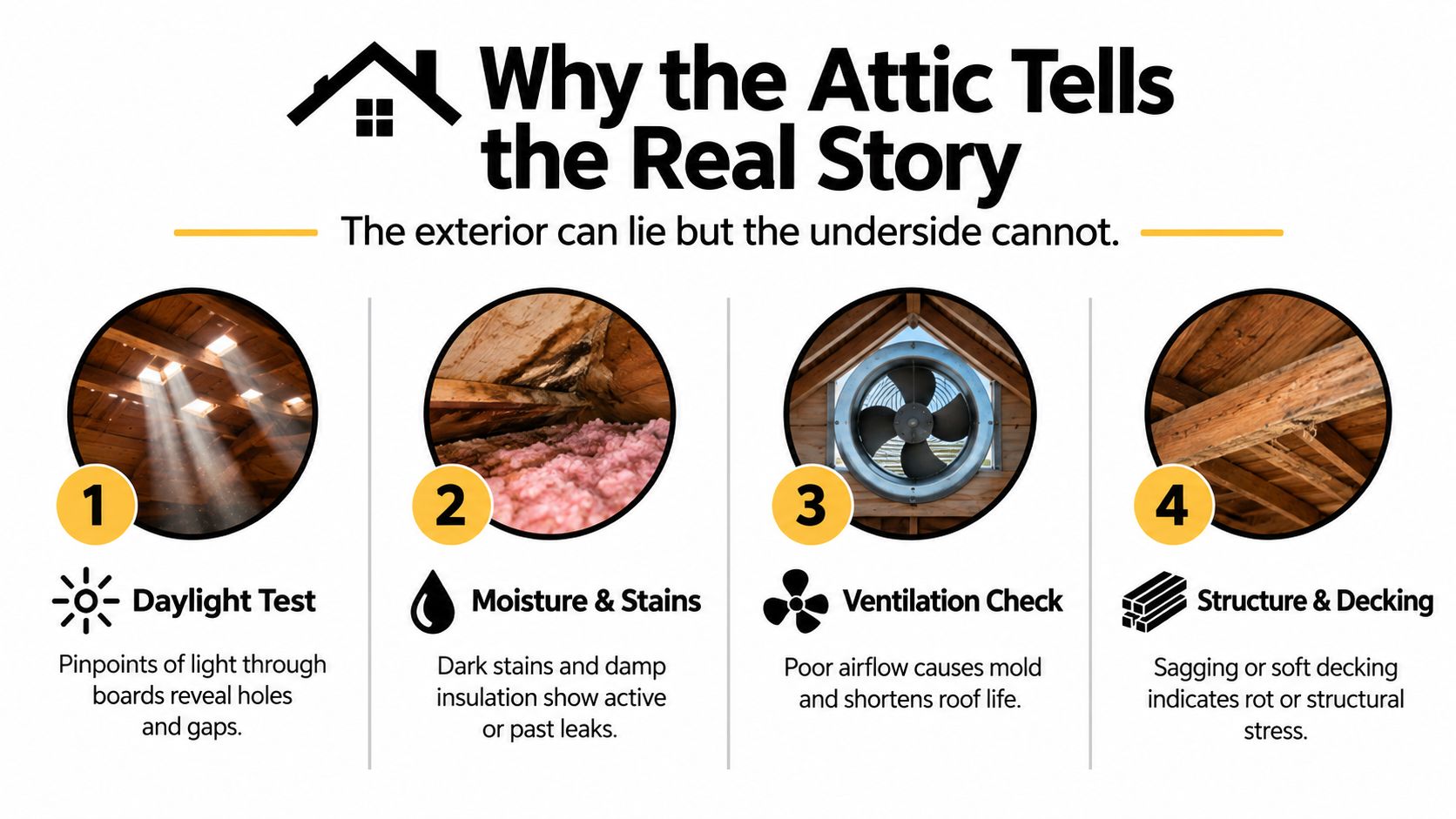 An infographic illustrating four attic inspection tips for identifying potential roof issues before buying a house.