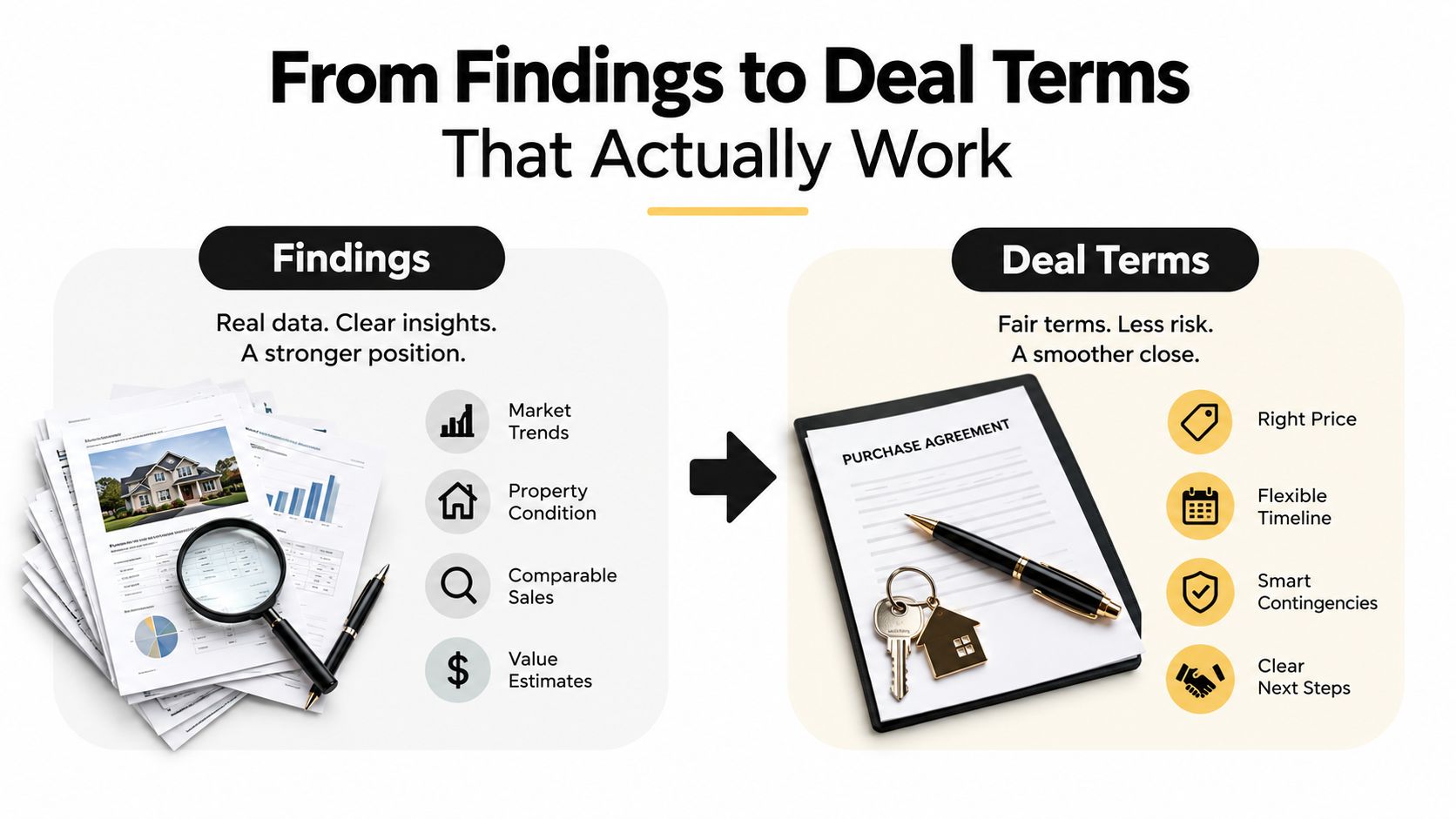 An infographic showing the progression from property findings like market trends to final purchase agreement deal terms.