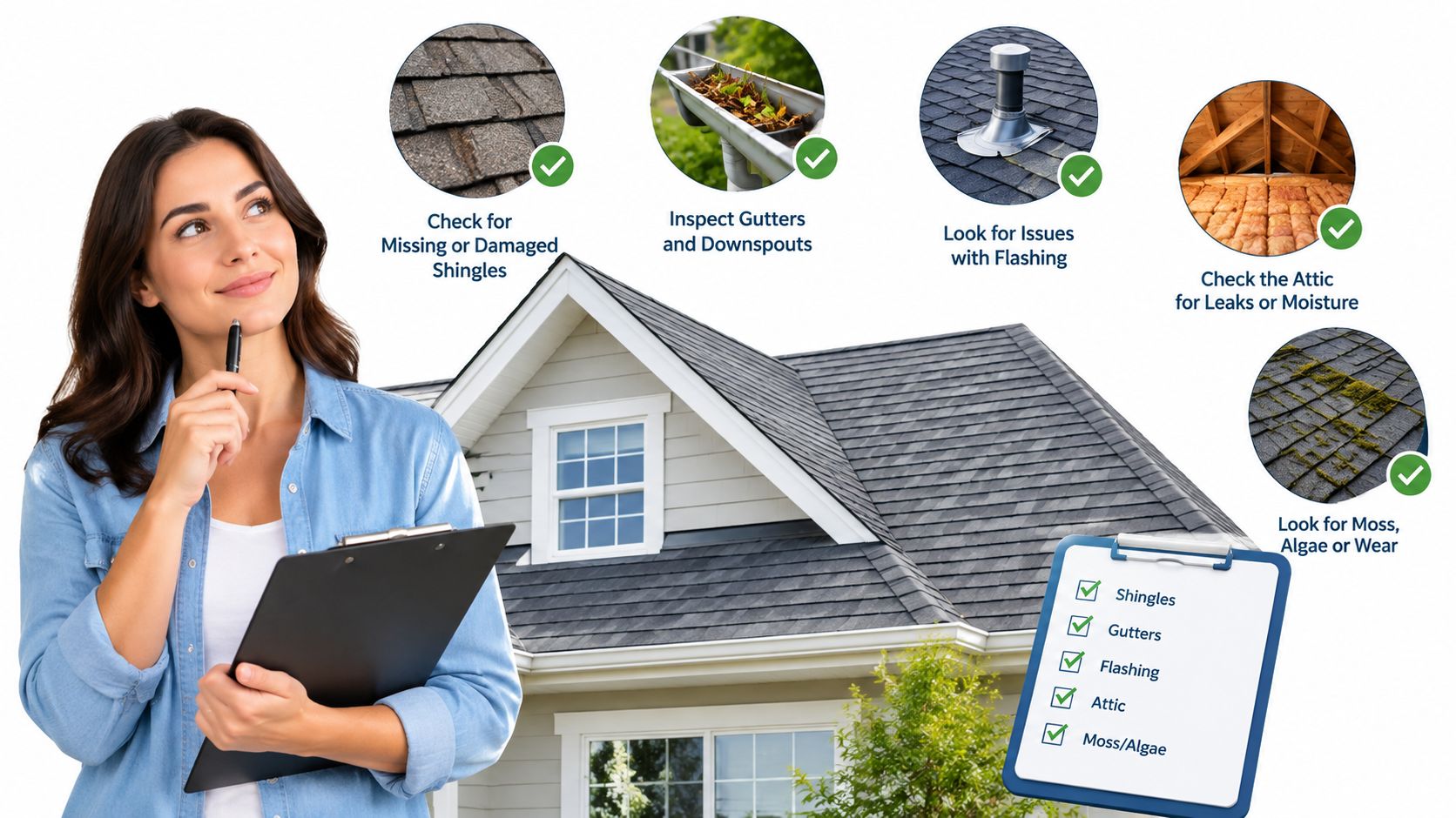 A woman holding a clipboard inspecting a house, with circular icons detailing roof maintenance and inspection tasks.
