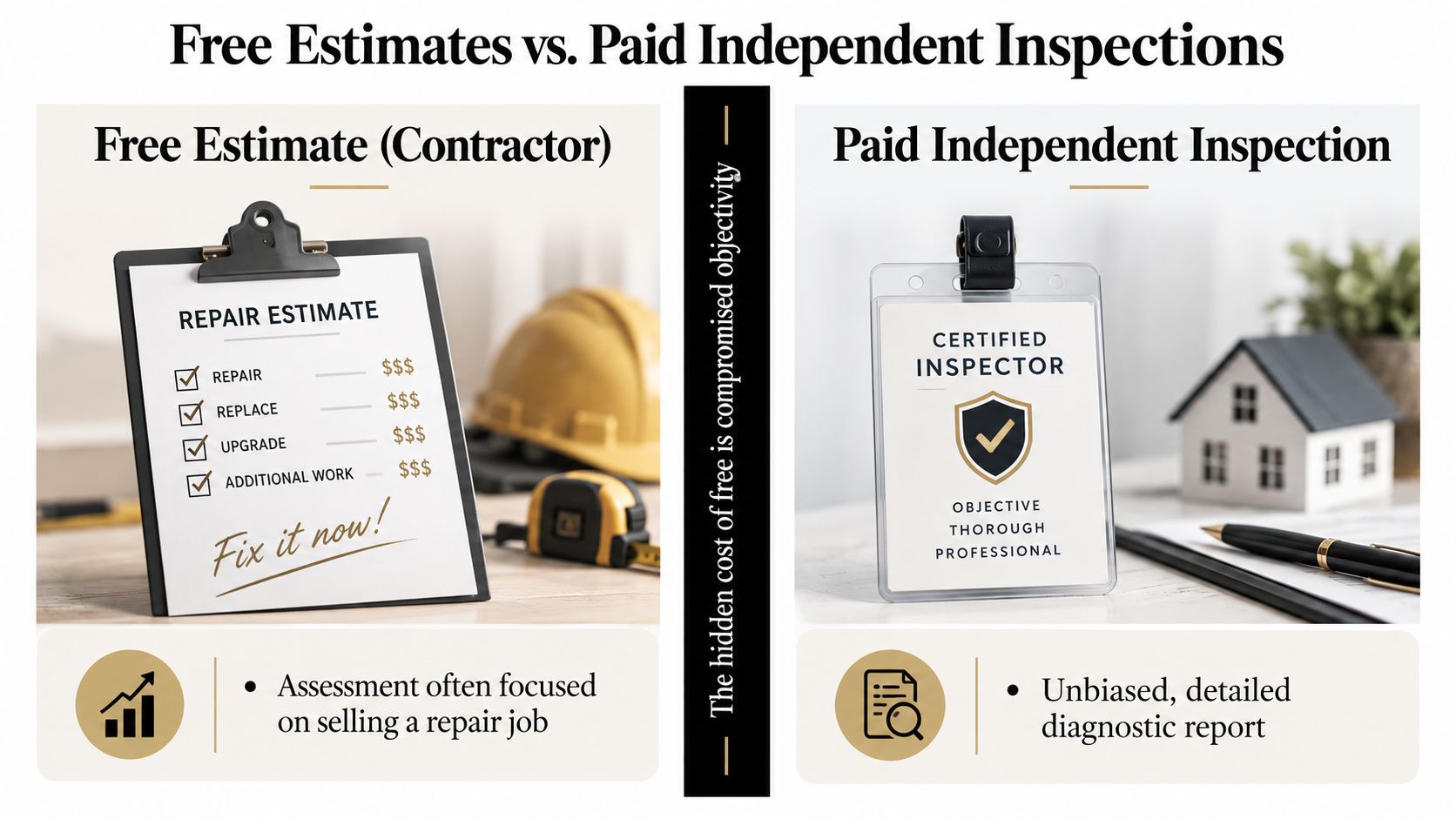 A comparison chart showing the differences between a contractor's free repair estimate and a professional independent inspection.