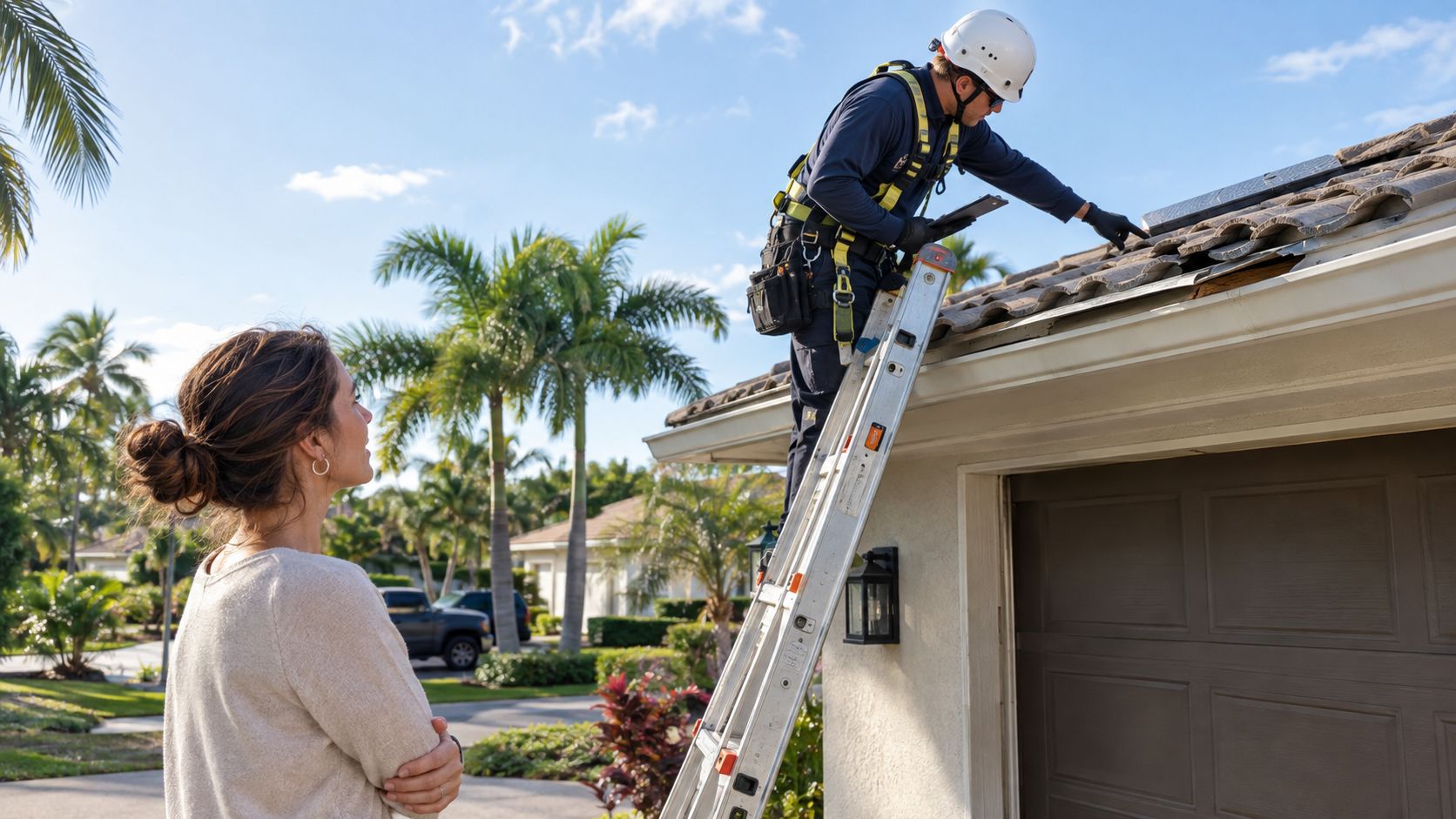 A professional inspector wearing a hard hat and safety harness examines the roof of a suburban home.