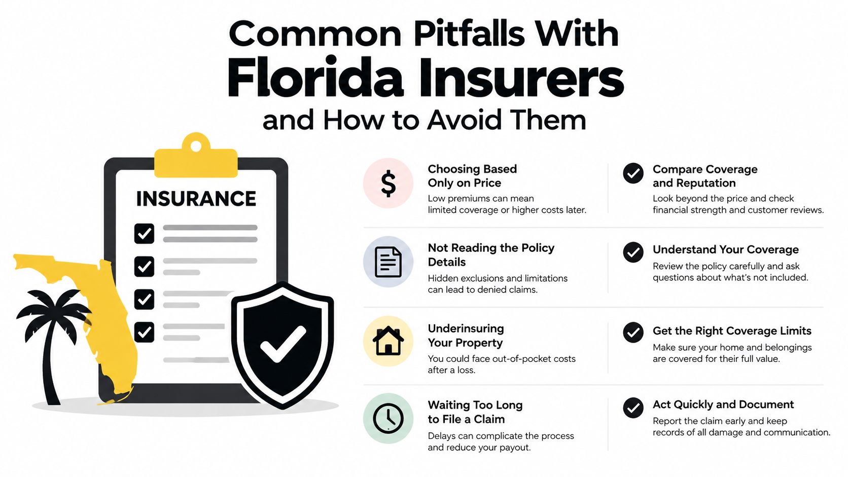 An infographic outlining four common pitfalls when choosing Florida home insurance and tips for avoiding them.