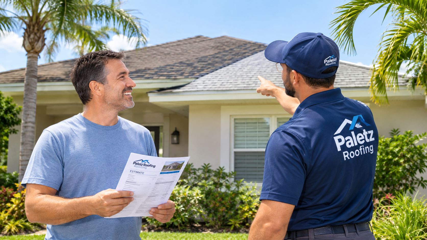 A professional roofer in a branded uniform discussing a project and pointing at a home roof.