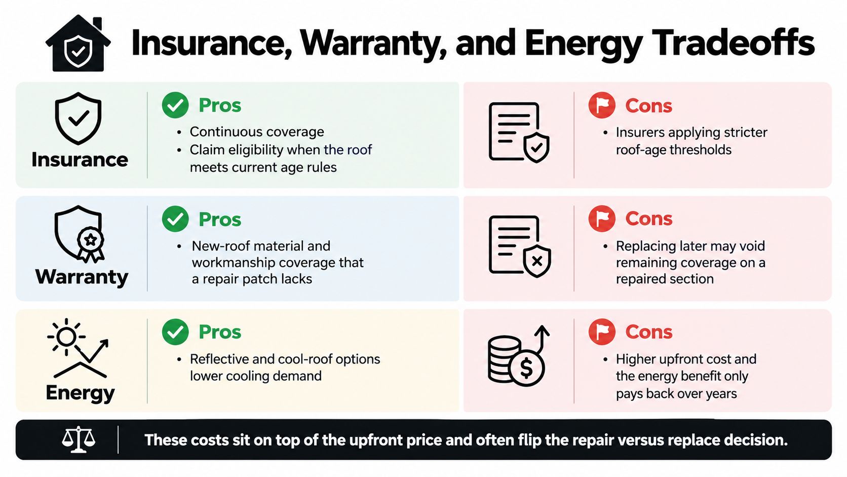 A chart comparing pros and cons of insurance, warranty, and energy efficiency for roof repair or replacement.