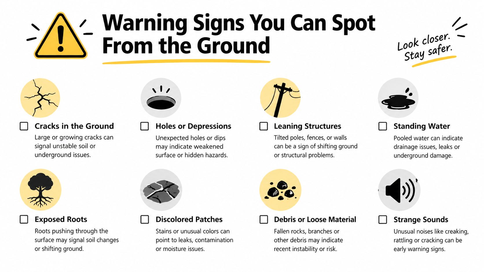 An infographic titled Warning Signs You Can Spot From the Ground displaying indicators of potential ground instability.