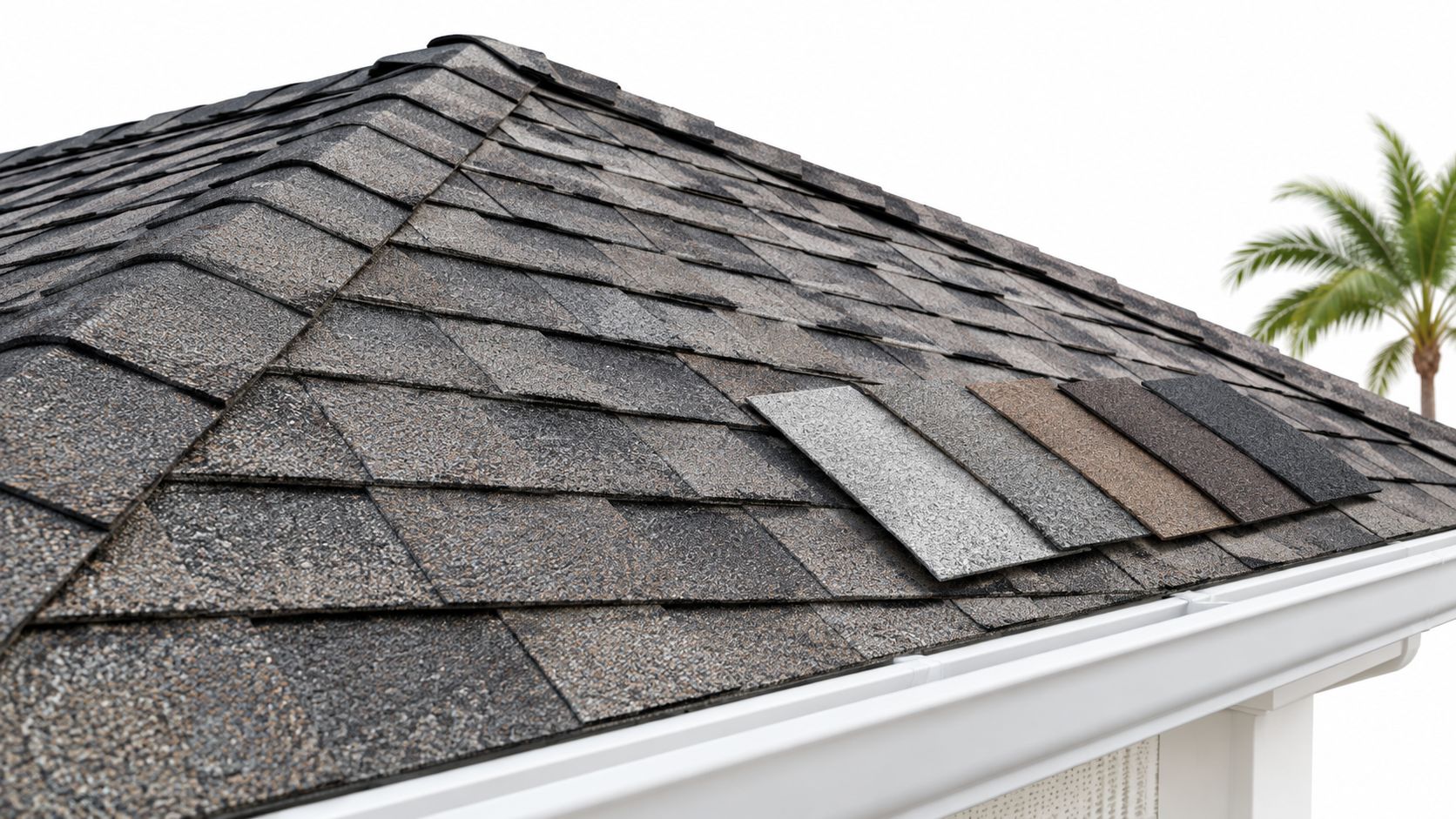 A close-up view of a shingled roof with various sample swatches showing different roof replacement options.