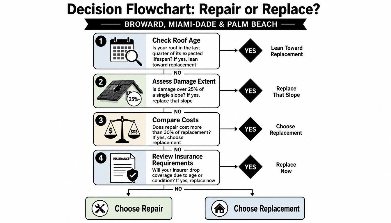 A decision flowchart for homeowners in Florida helping them decide whether to repair or replace their roof.