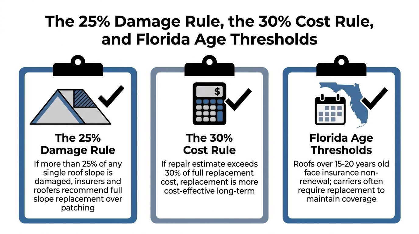 An infographic showing the 25% damage rule, 30% cost rule, and Florida roof age insurance guidelines.