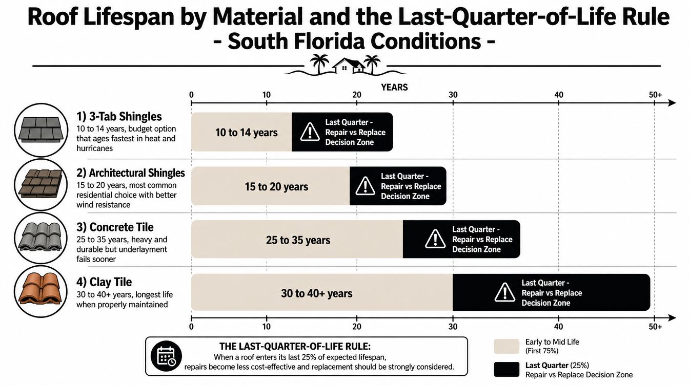 A chart illustrating the expected lifespan of four roofing materials and the decision zone for repairs versus replacement.