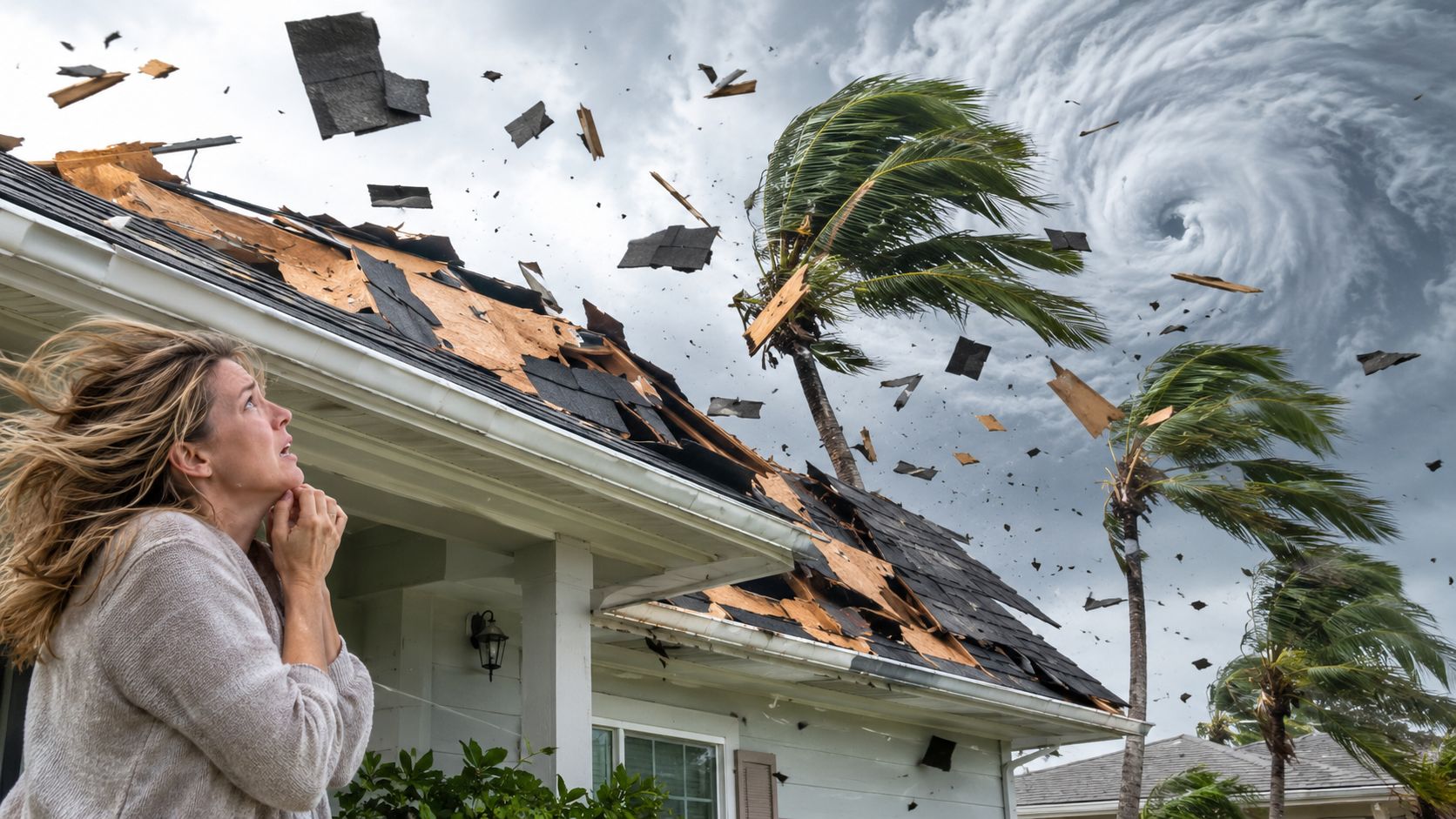 A distressed woman looks up as a hurricane rips shingles off her house roof in strong winds.