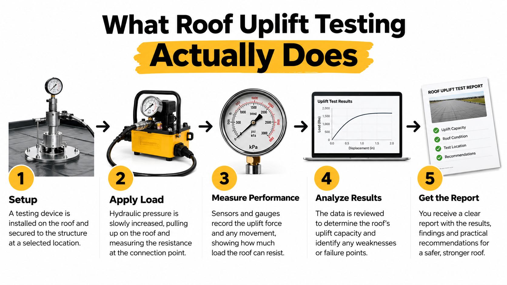 A five-step infographic showing the process of roof uplift testing using hydraulic equipment and data analysis.