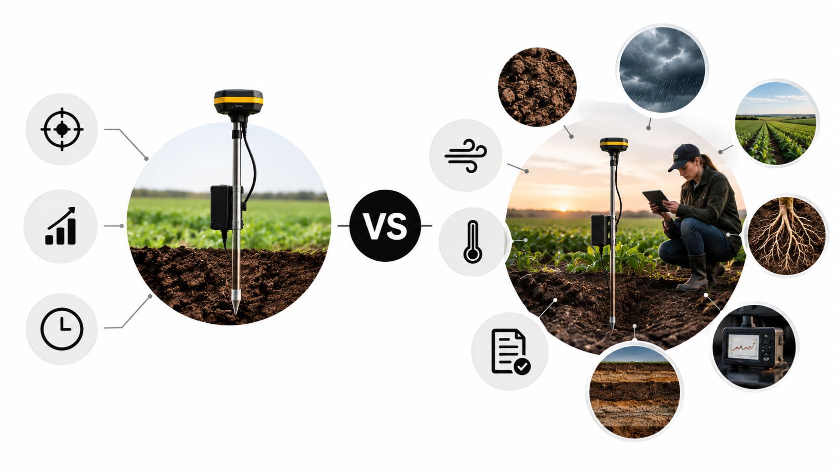 Comparison between automated sensor soil testing and professional agricultural fieldwork analysis in an outdoor farming environment.