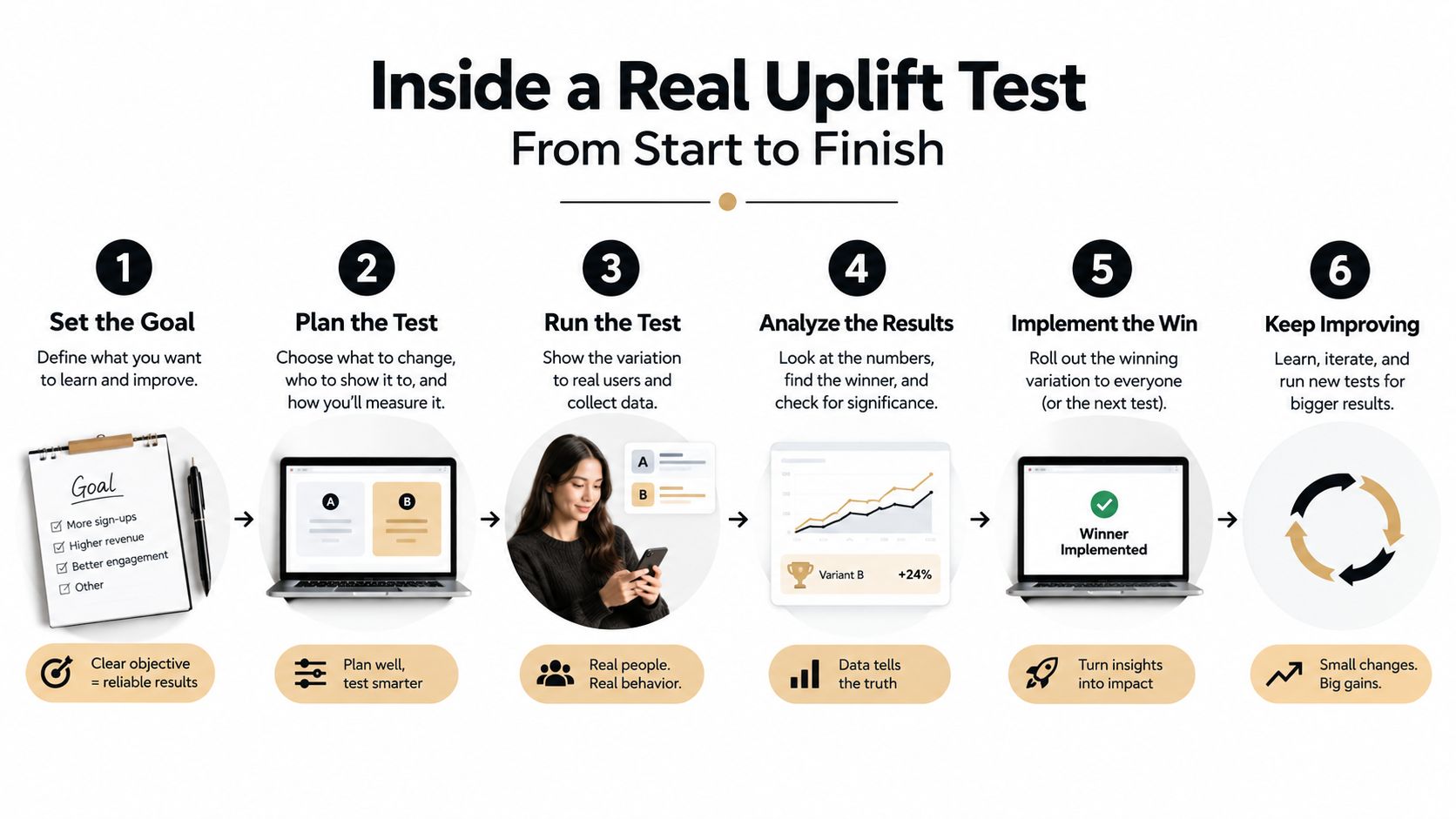 A six-step infographic detailing the process of conducting a successful uplift test for marketing improvements.