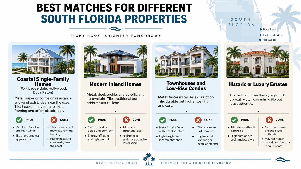A comparison infographic showing the pros and cons of tile versus metal roofing for various South Florida properties.