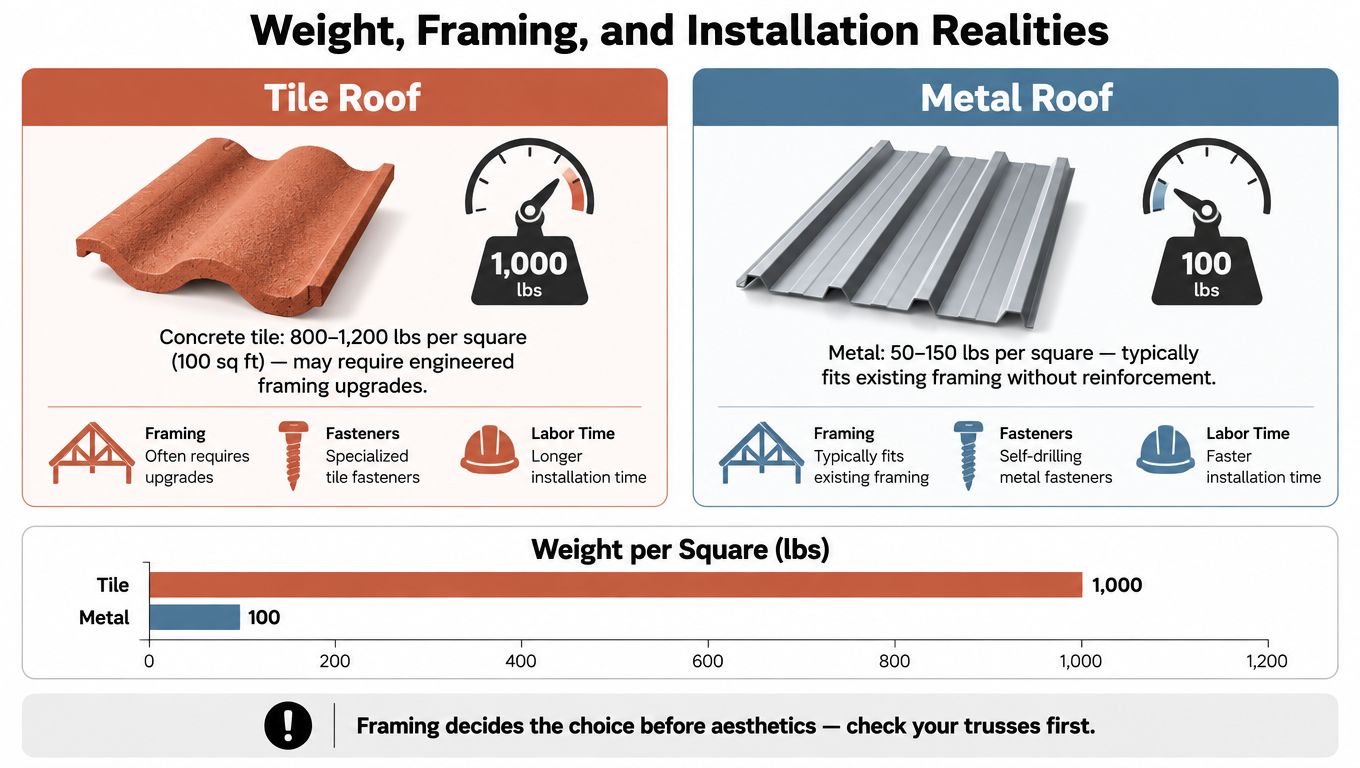 A comparison chart showing the weight, framing, and installation differences between tile and metal roofing materials.
