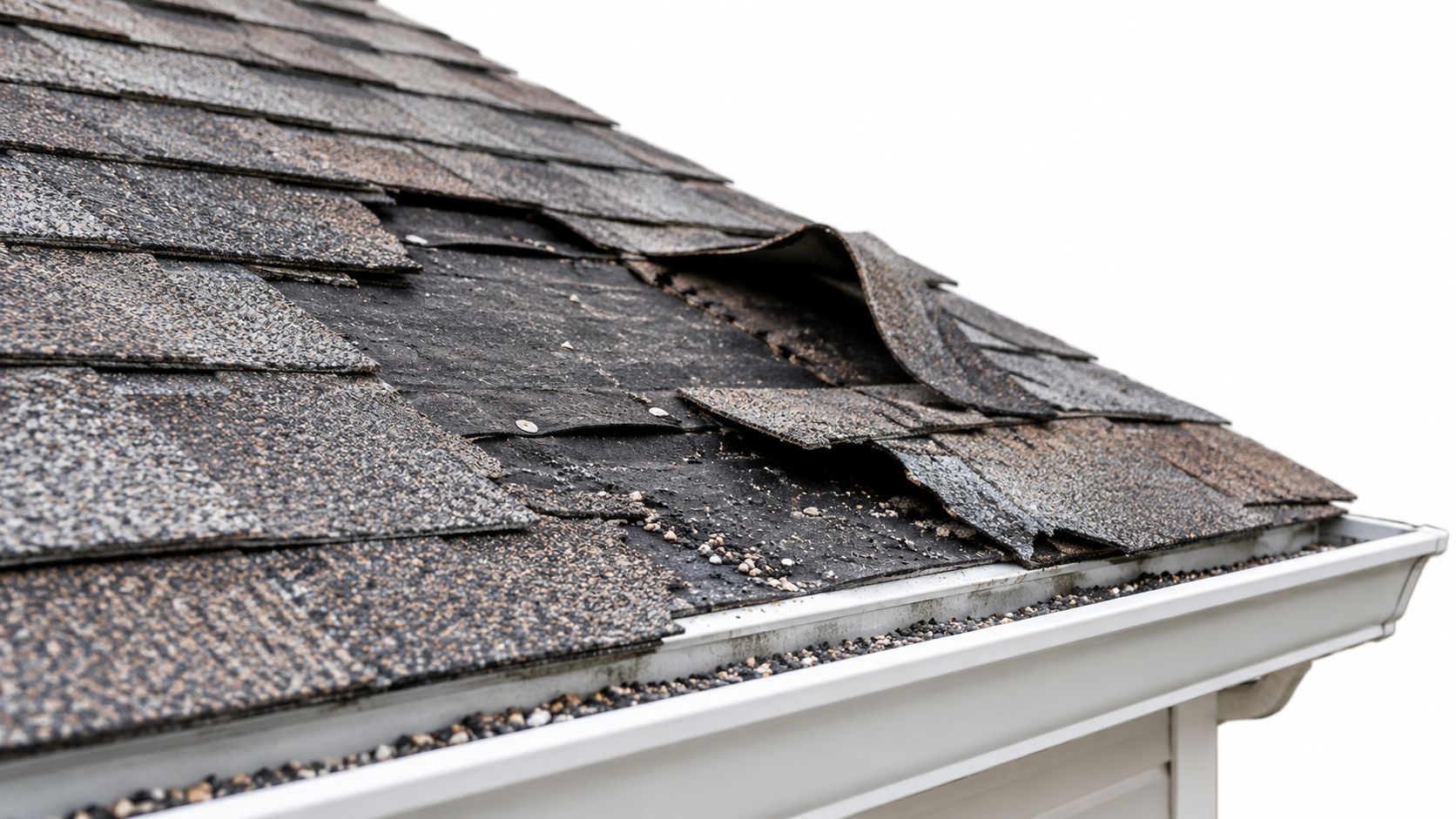 Damaged asphalt roof shingles with exposed underlayment and missing sections above white gutters on a house.