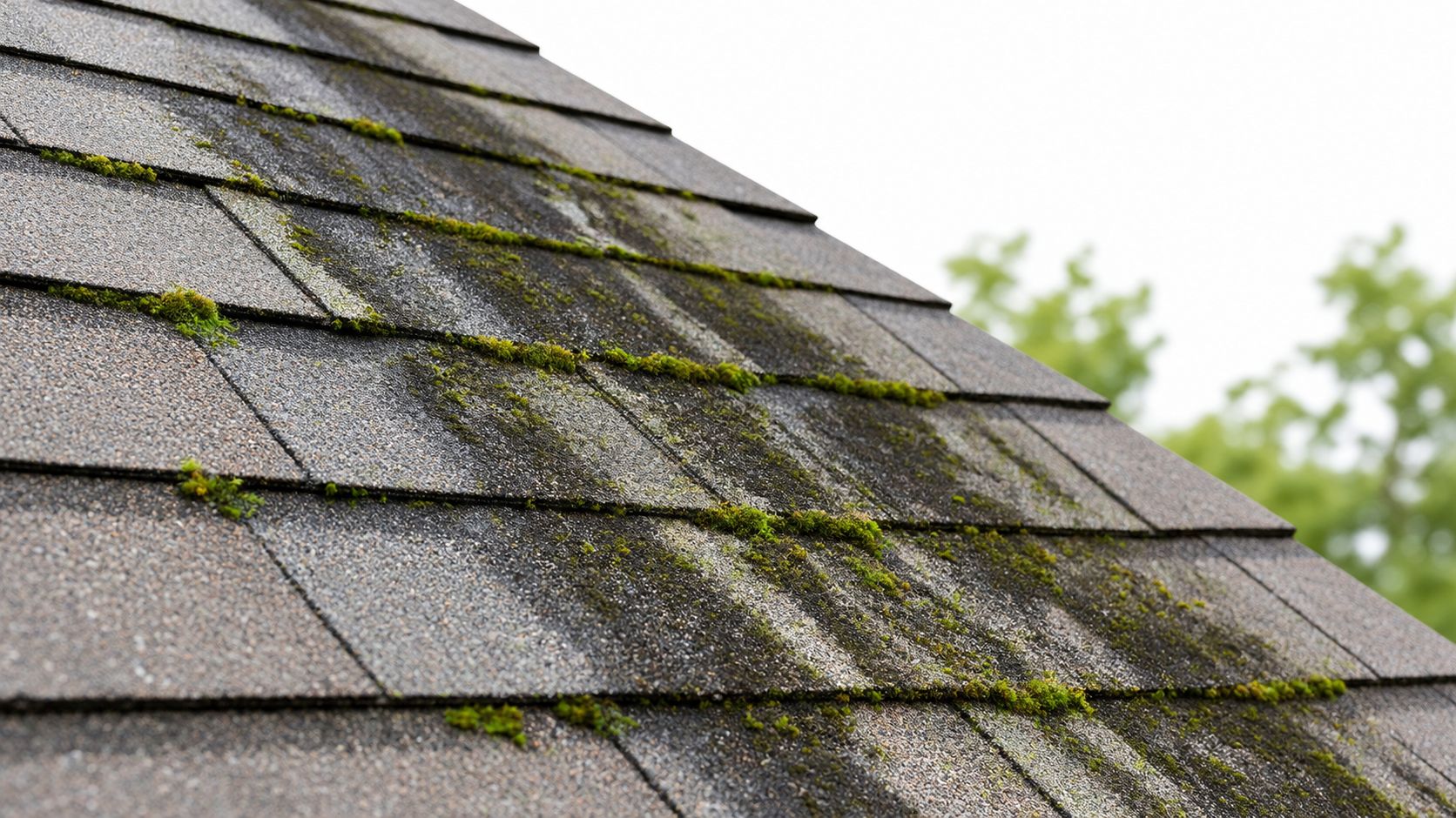 A close-up of a weathered house roof showing significant moss growth and dark stains on shingles.