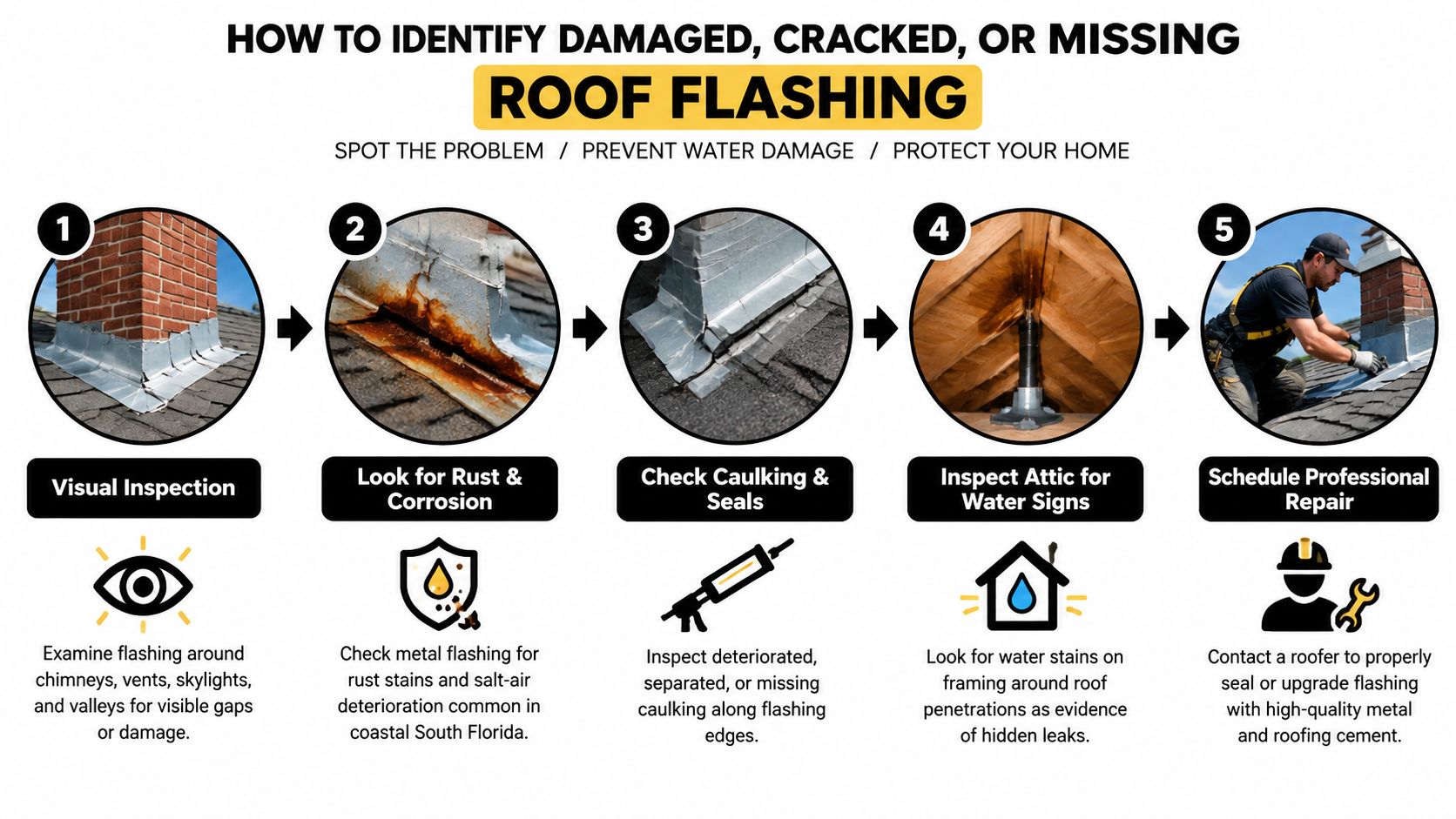 An infographic showing five steps to identify damaged, cracked, or missing roof flashing on a home.