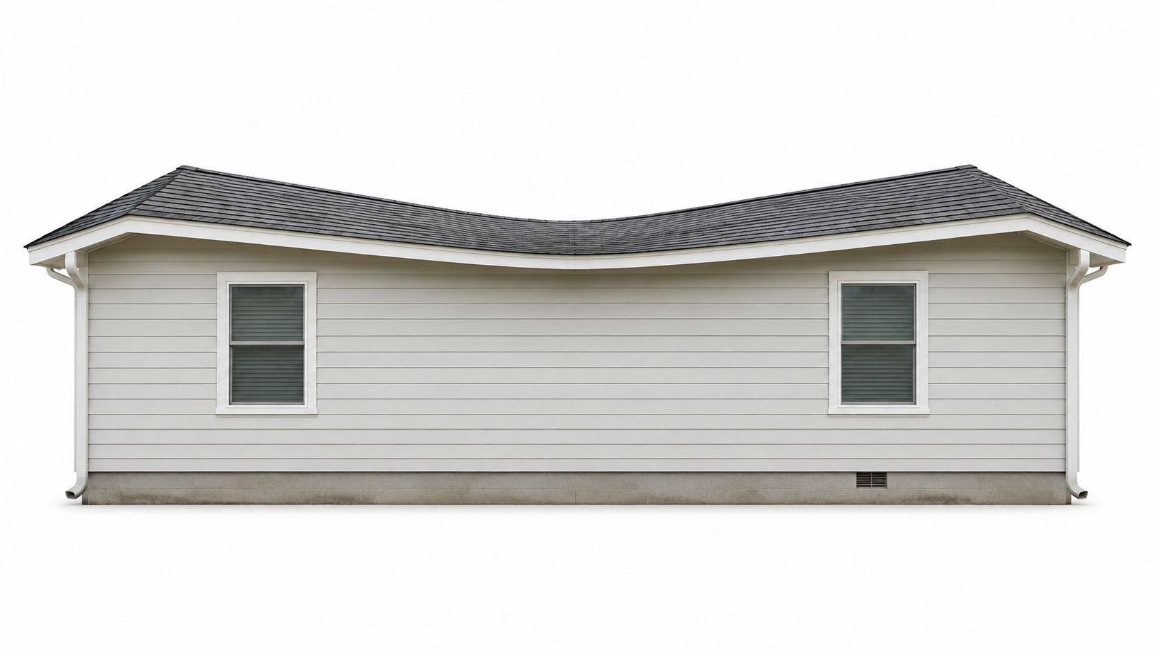 A side profile view of a house with a visibly sagging and structurally damaged roofline.