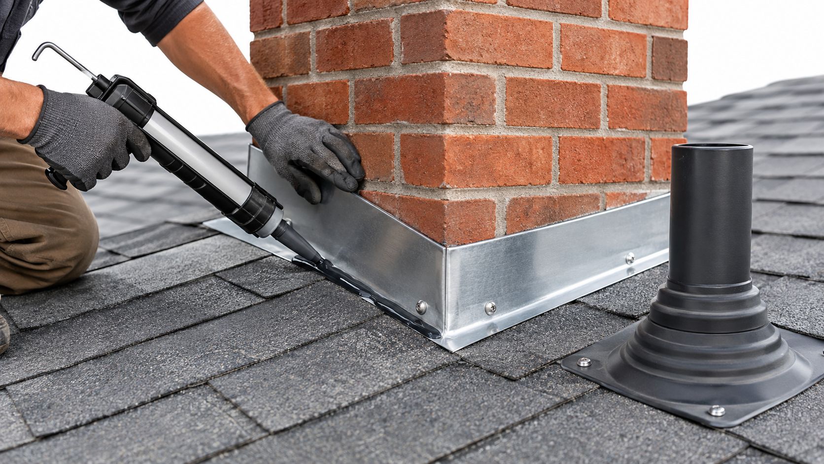 A professional roofer applying sealant around a brick chimney base on a shingle roof during repairs.