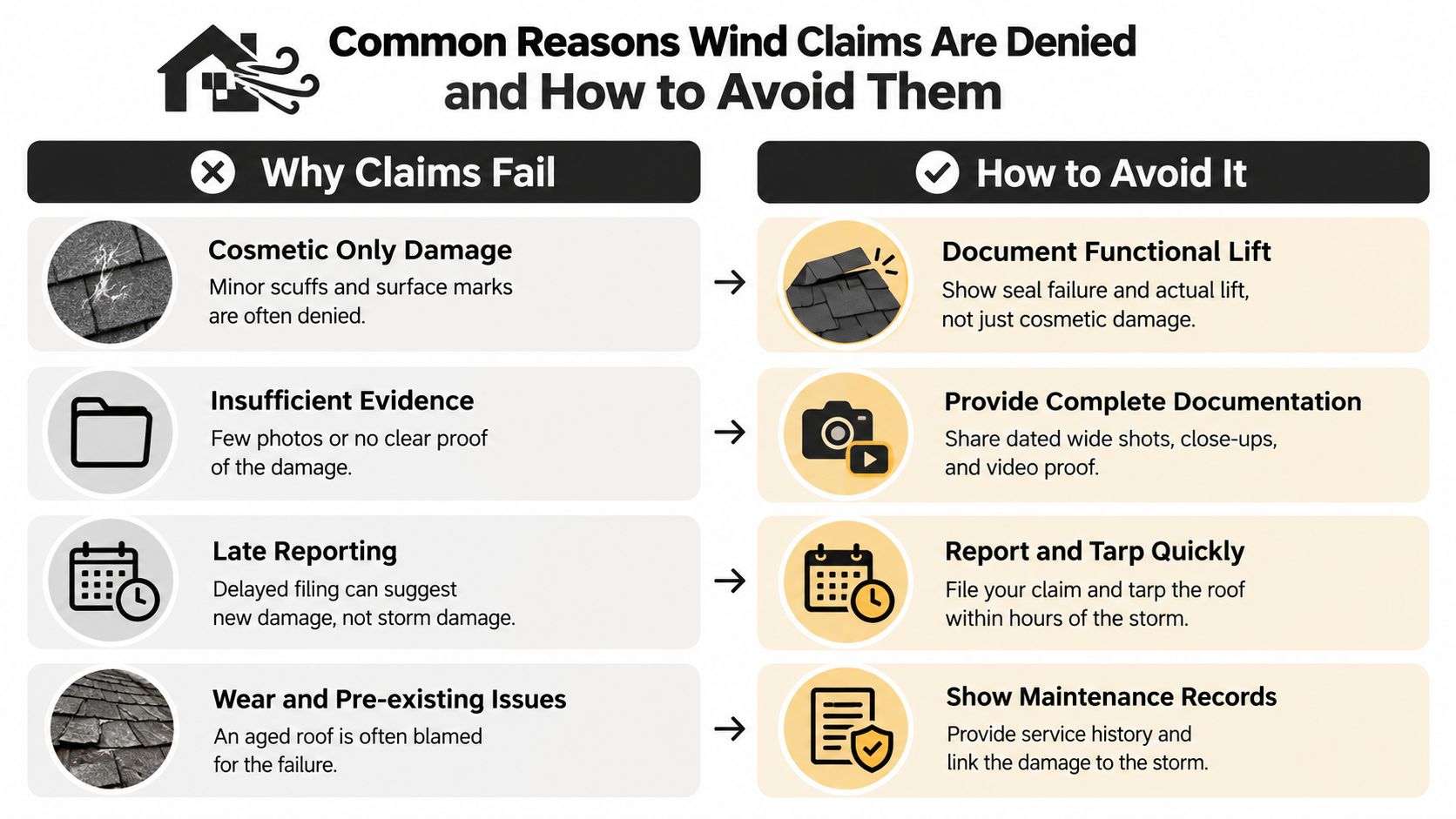 An infographic detailing common reasons why insurance wind damage claims are denied and how to fix them.