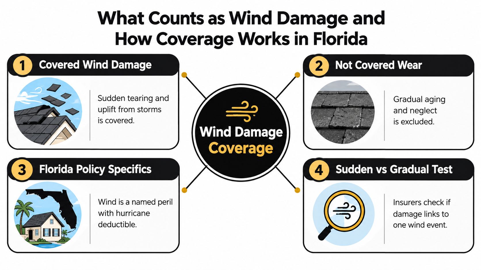 An infographic explaining insurance coverage for wind damage, including definitions, exclusions, and Florida specific policy requirements.