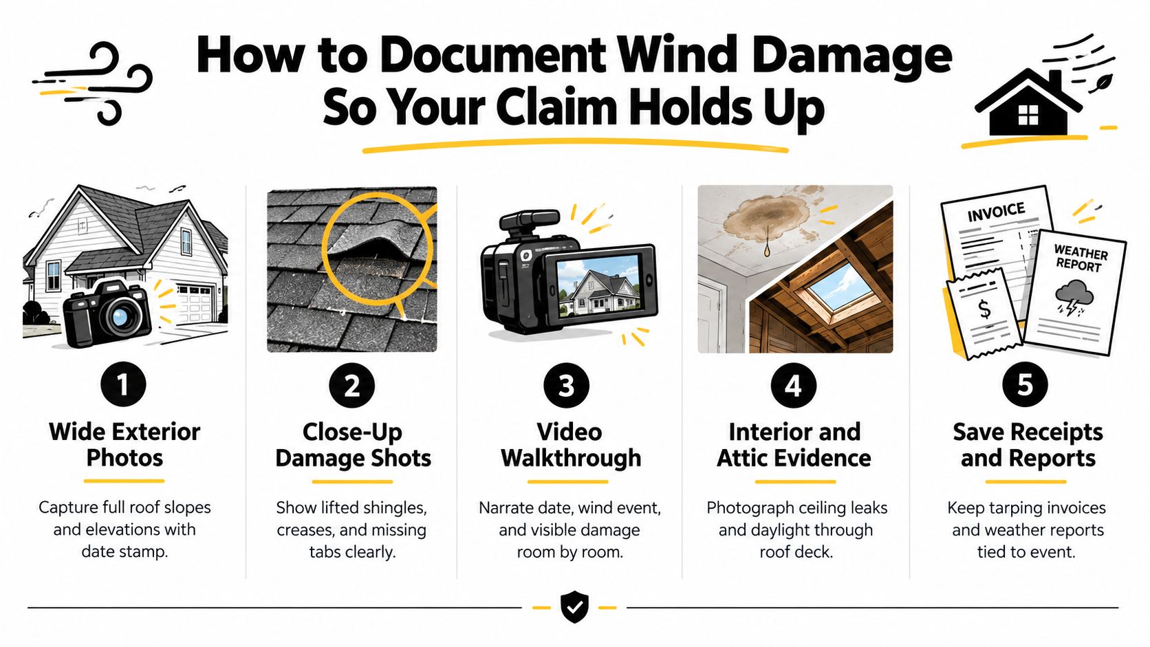 An infographic showing five steps to properly document wind roof damage for an insurance claim.