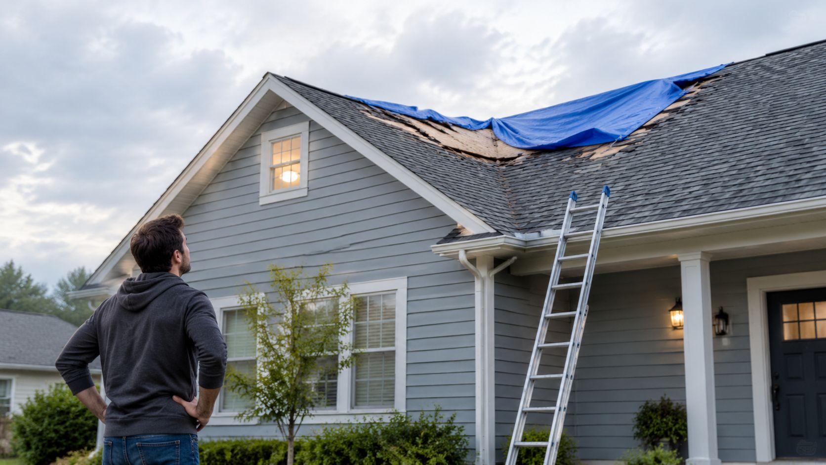 A concerned homeowner looking at his house roof which has wind damage covered by a blue tarp.