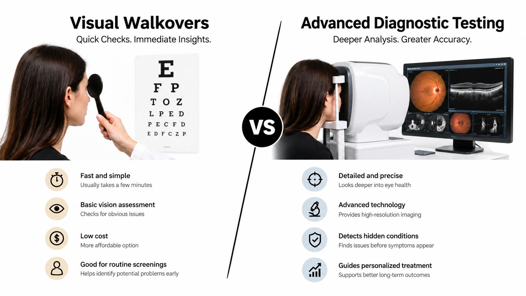 A comparison infographic between quick visual walkovers and advanced diagnostic testing for comprehensive eye health examinations.