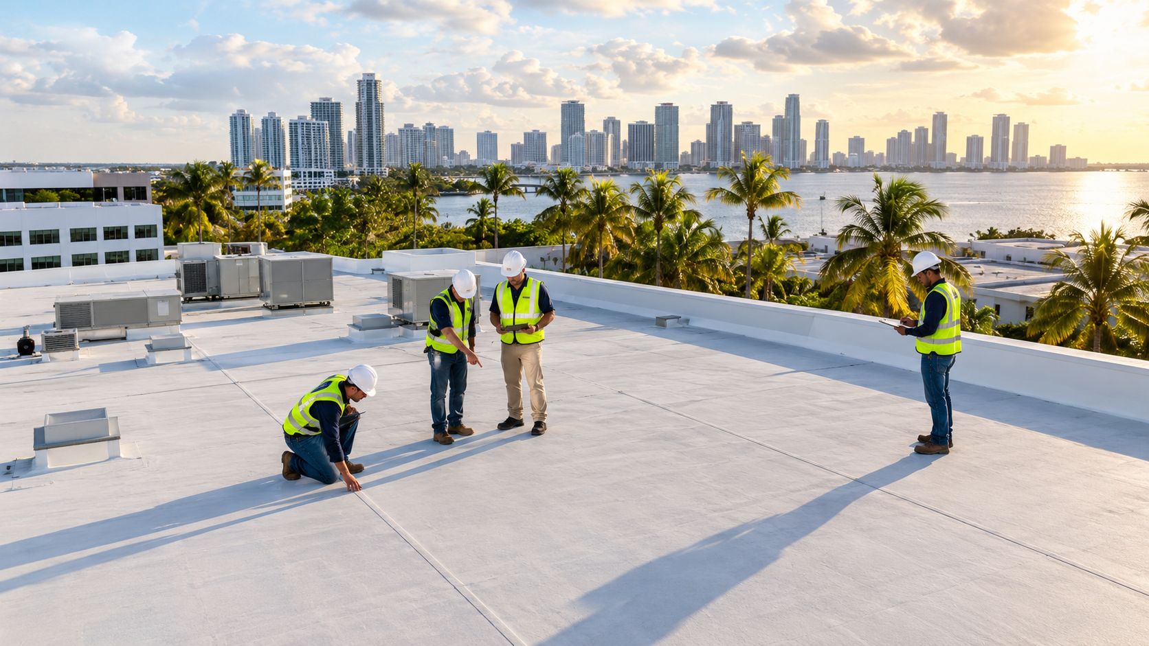 A team of construction workers in safety gear conducting a professional inspection on a flat commercial roof.