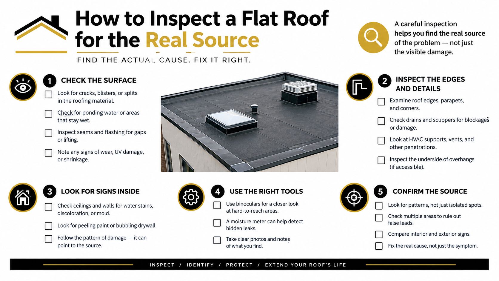 An infographic titled How to Inspect a Flat Roof for the Real Source with five numbered steps.