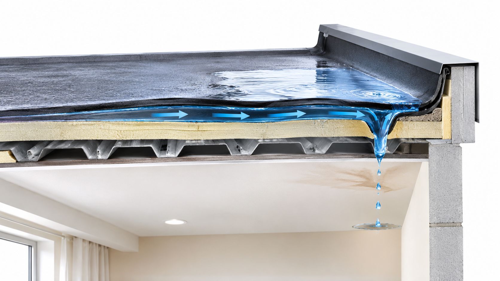 A cross-section illustration showing water leaking through a flat roof structure and dripping into a room.