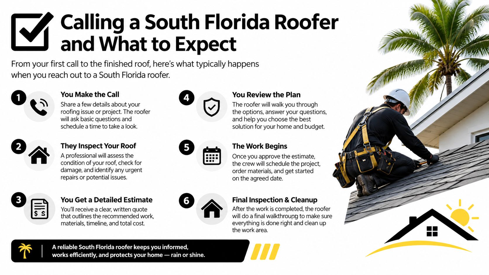 An infographic showing the six-step process of hiring a South Florida roofer for repair and maintenance services.