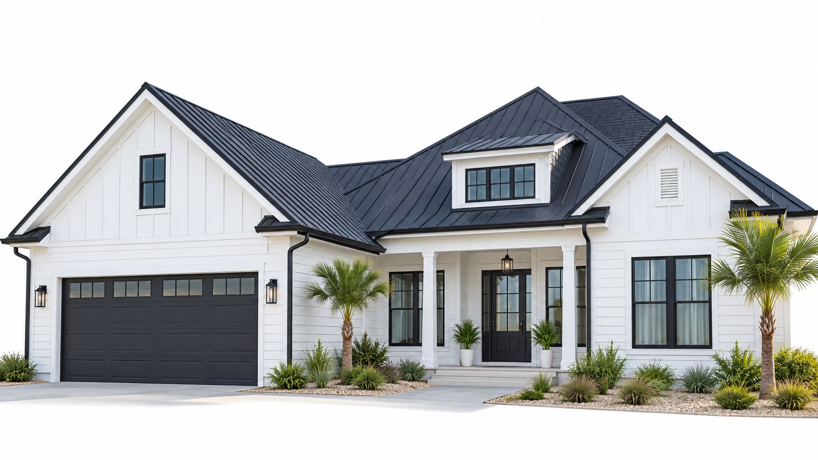 A modern farmhouse style house with white horizontal siding, a dark metal roof, and large windows.