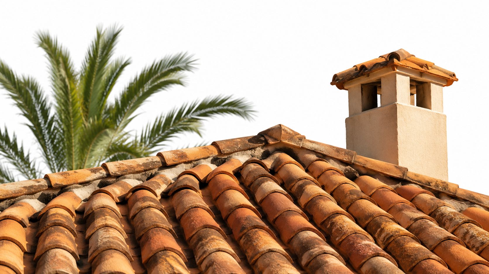 A close up view of a terracotta tiled roof with a chimney against a clear sky.