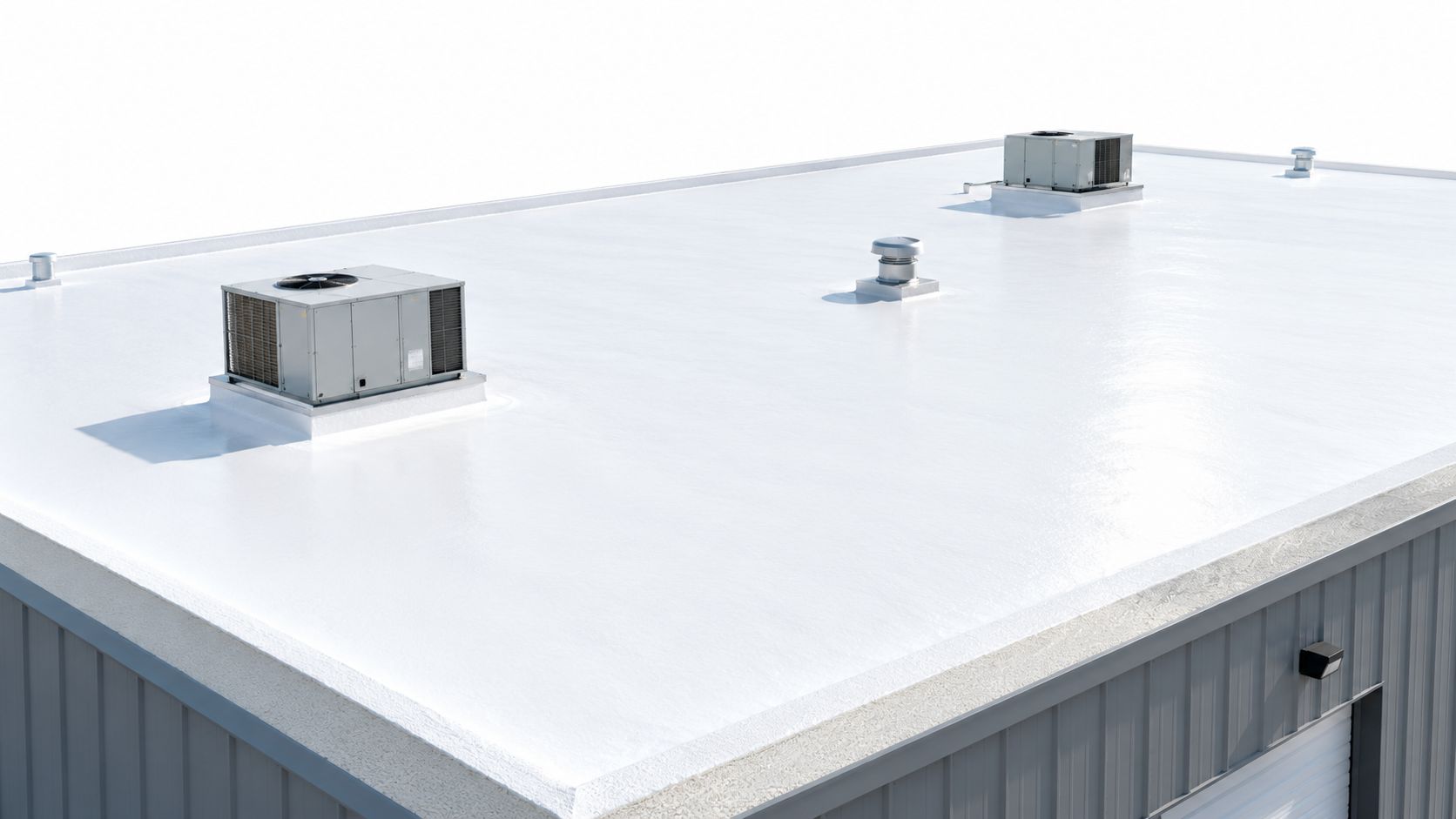 A modern commercial building roof featuring a clean white membrane coating, HVAC units, and ventilation equipment installed.