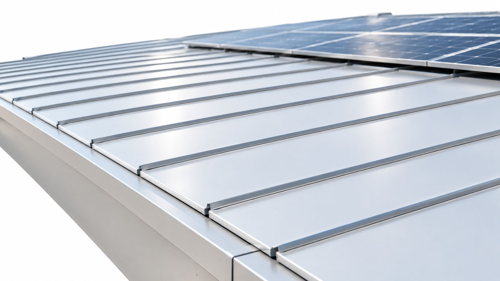 A close-up view of a sleek metal roof featuring integrated solar panels on a building.